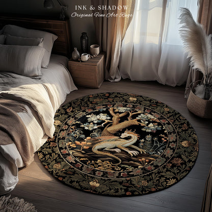 Dragon Aesthetic Botanical Round Rug | Dark Academia Room Decor Fairytale Inspired Nursery Gift Dark Cottagecore Fairycore Mystic Game Room
