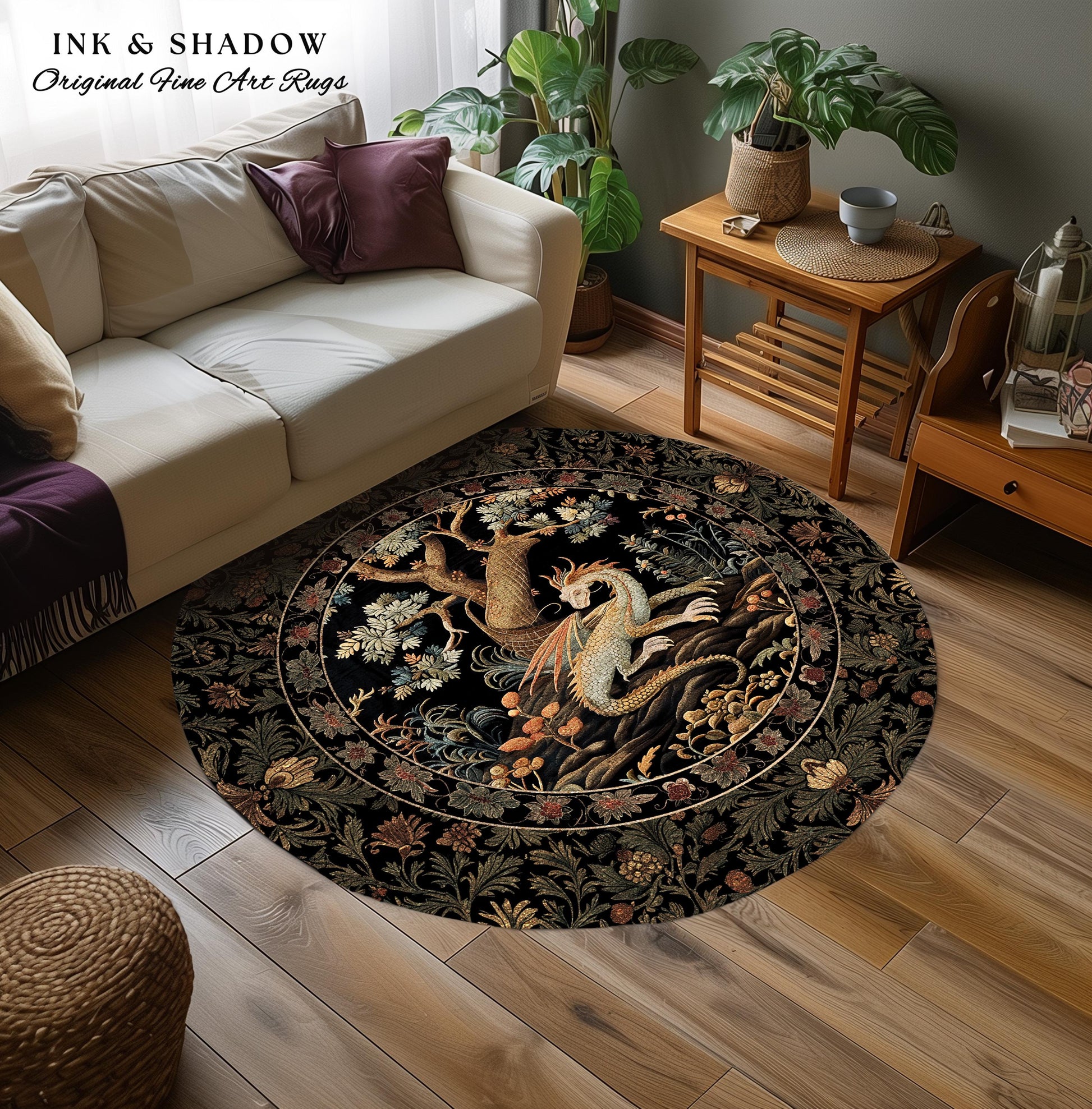 Dragon Aesthetic Botanical Round Rug | Dark Academia Room Decor Fairytale Inspired Nursery Gift Dark Cottagecore Fairycore Mystic Game Room