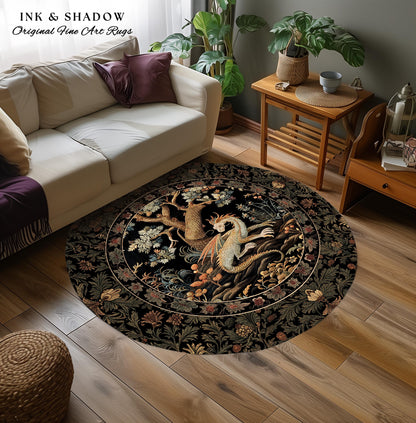 Dragon Aesthetic Botanical Round Rug | Dark Academia Room Decor Fairytale Inspired Nursery Gift Dark Cottagecore Fairycore Mystic Game Room