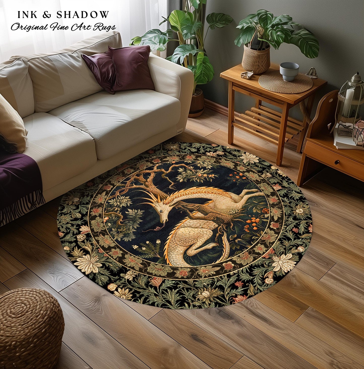 Dark Academia Dragon Round Area Rug | Medieval Folklore Room Decor Fairytale Inspired DnD Gift Dark Cottagecore Fairycore Mystical Game Room