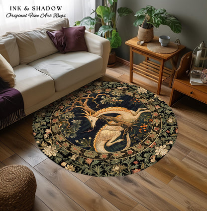 Dark Academia Dragon Round Area Rug | Medieval Folklore Room Decor Fairytale Inspired DnD Gift Dark Cottagecore Fairycore Mystical Game Room