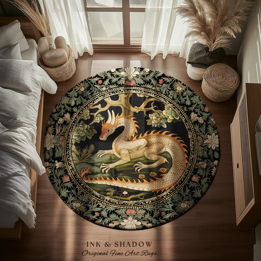 Enchanted Woods Round Dragon Rug | Medieval Aesthetic Fairytale Nursery Decor Morris Style Cottagecore Fairycore Bedroom Mystical Woodland