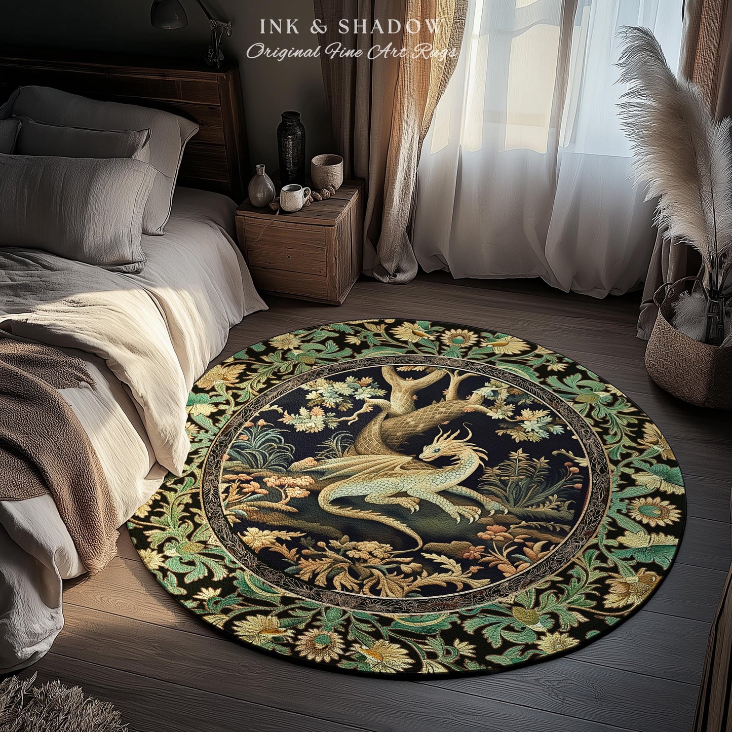 Ethereal Dragon Art Round Area Rug Enchanted Aesthetic Fantasy Forest Whimsical Woodland Gothic Decor | Fairytale Whimsy Art Deco Dragon |