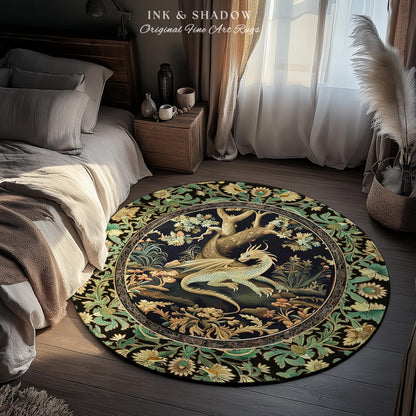 Ethereal Dragon Art Round Area Rug Enchanted Aesthetic Fantasy Forest Whimsical Woodland Gothic Decor | Fairytale Whimsy Art Deco Dragon |
