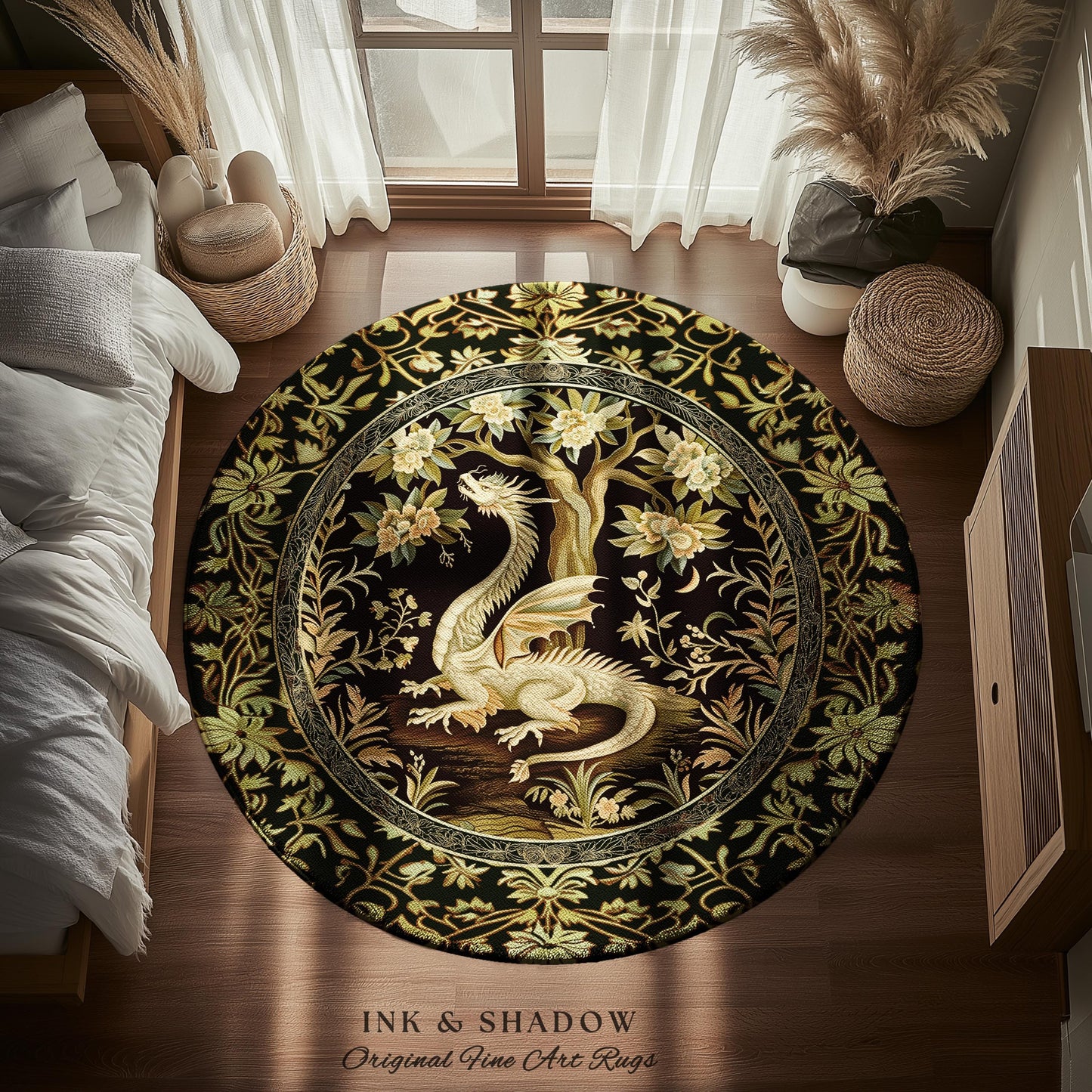 Woodland Gothic White Dragon Round Area Rug Enchanted Forest Decor | Mystical Dark Academia Whimsical Fantasy Forestcore Dark Nature Decor