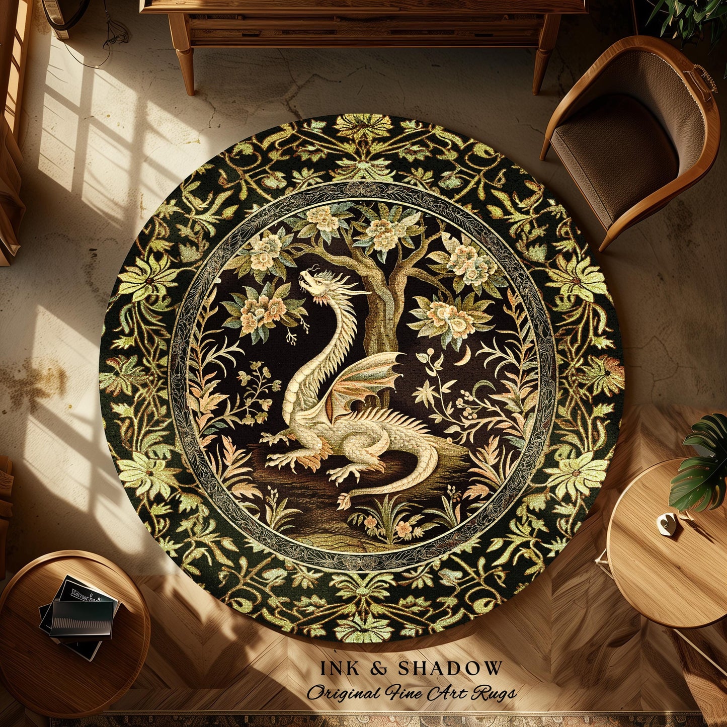 Woodland Gothic White Dragon Round Area Rug Enchanted Forest Decor | Mystical Dark Academia Whimsical Fantasy Forestcore Dark Nature Decor