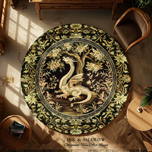 Woodland Gothic White Dragon Round Area Rug Enchanted Forest Decor | Mystical Dark Academia Whimsical Fantasy Forestcore Dark Nature Decor
