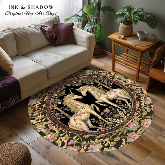 Magical Unicorns Soft Cottagecore Floral Around Area Rug Vintage Fairycore | Whimsical Boho Decor Baroque Romantic Mystic Forestcore Rustic