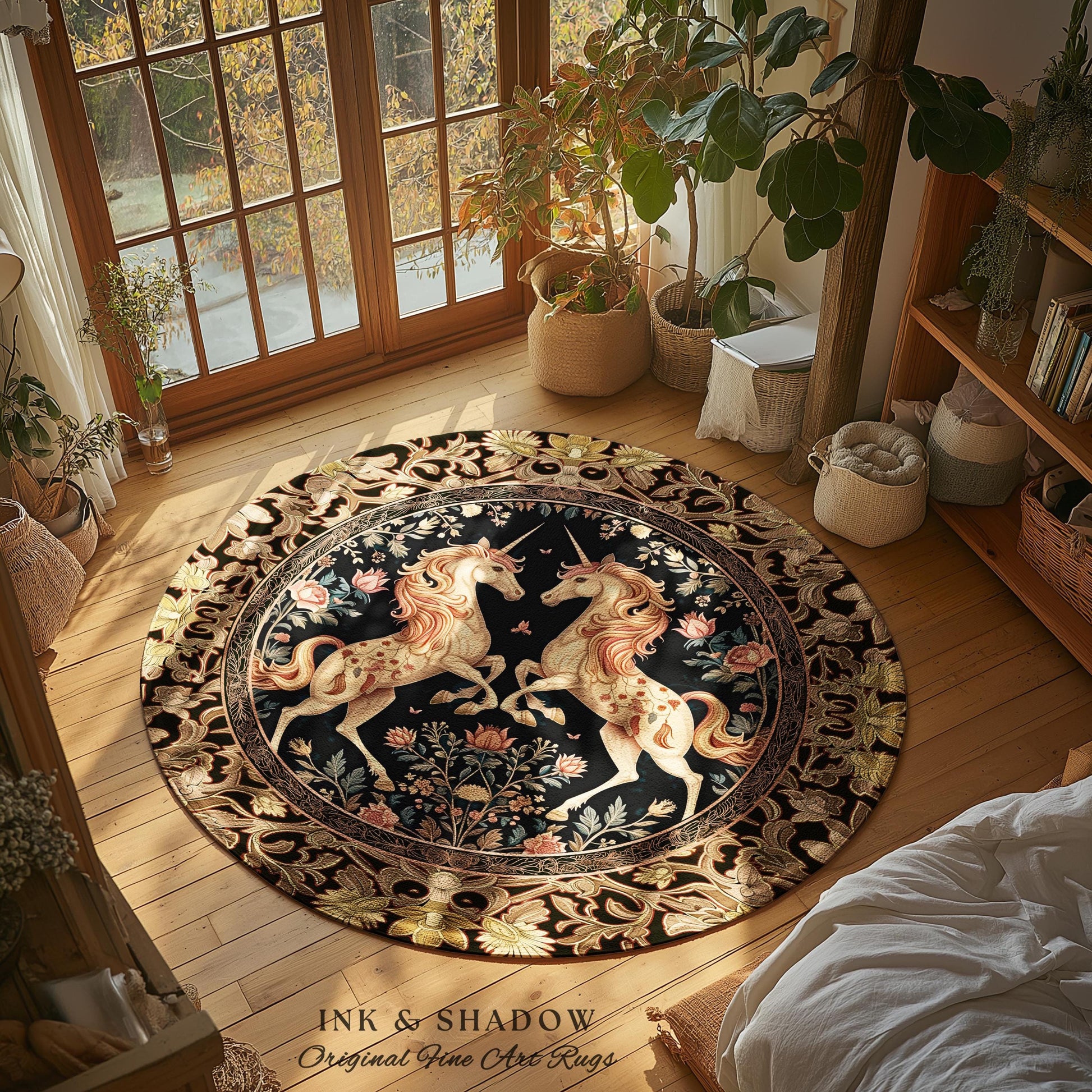 Fairytale Unicorn Floral Aesthetic Round Area Rug | Pastel Cottagecore Area Rug Fairycore Whimsical Boho Home Decor Medieval Style Bedroom |