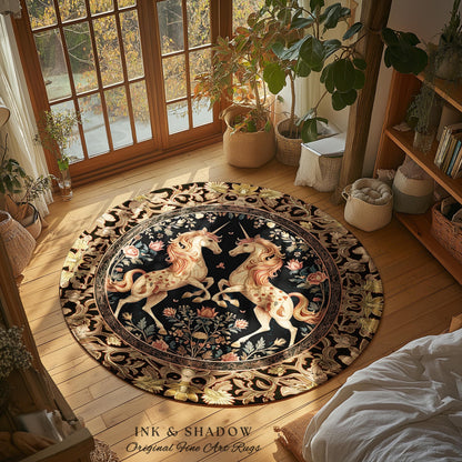 Fairytale Unicorn Floral Aesthetic Round Area Rug | Pastel Cottagecore Area Rug Fairycore Whimsical Boho Home Decor Medieval Style Bedroom |