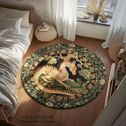 Mystic Medieval Dragon Round Area Rug | Gothic Home Decor Fairycore Bedroom Magical Aesthetic Maximalist Gift for Goth Woodland Dragon Lover