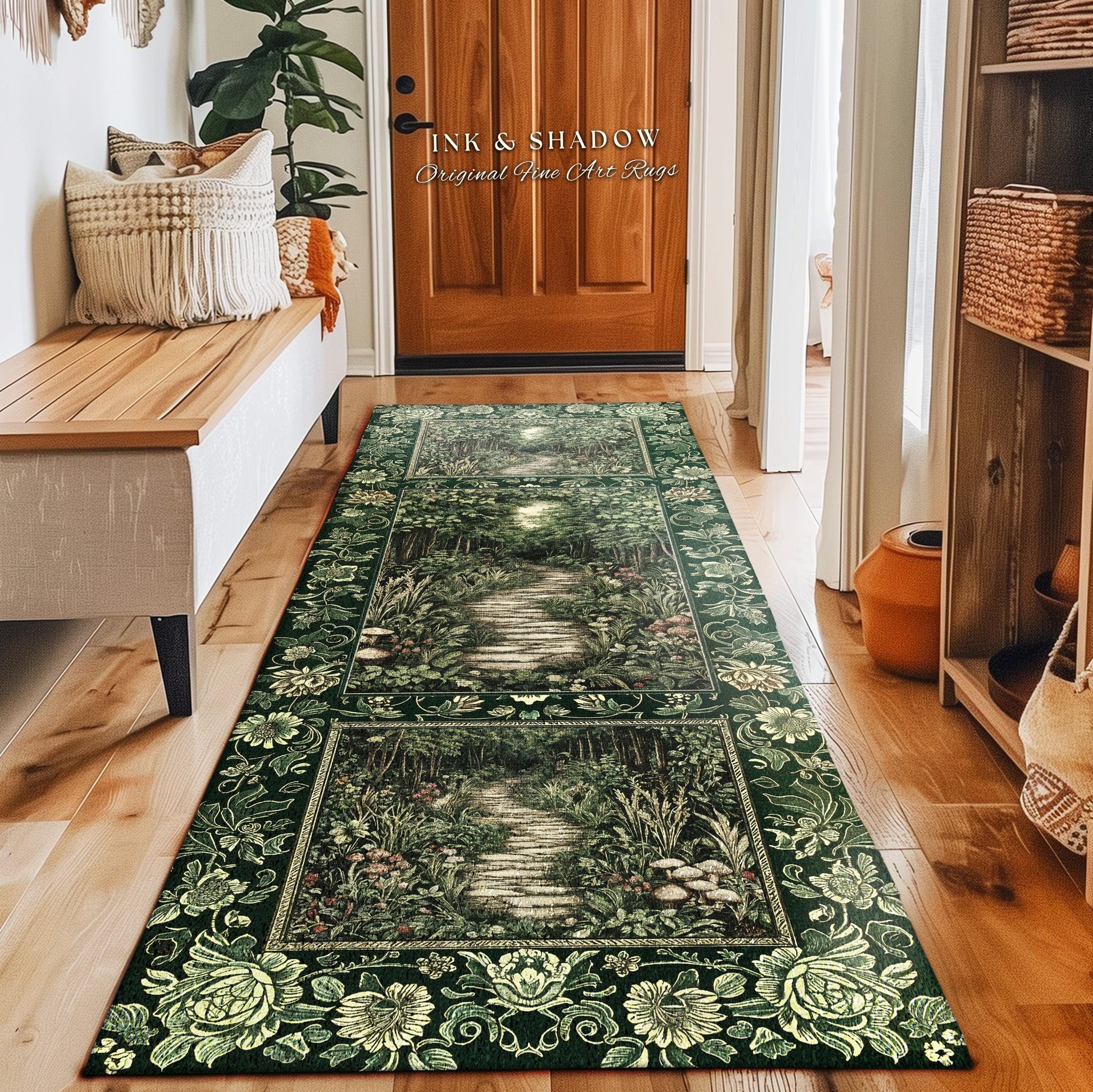 Ethereal Woodland Meadow Runner Rug | Dark Academia Folklore Fairy Core Aesthetic Accent Rug Magical Bedroom Emerald Green Decor Botanical |