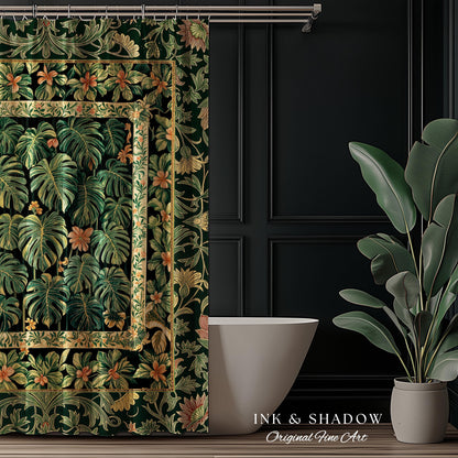 Emerald Green Rich Botanical Shower Curtain | Dark Victorian Floral Houseplant Lover Whimsical Bathroom Decor Maximalist Aesthetic Monstera
