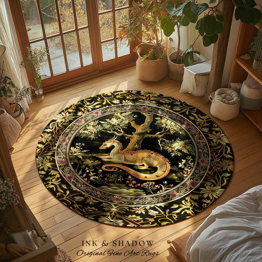 Bohemian Dragon Round Area Rug Artistic Escape Academia Baroque Inspired | Ethereal Gothic Enchanting Mystical Art Nouveau Antique Decor |