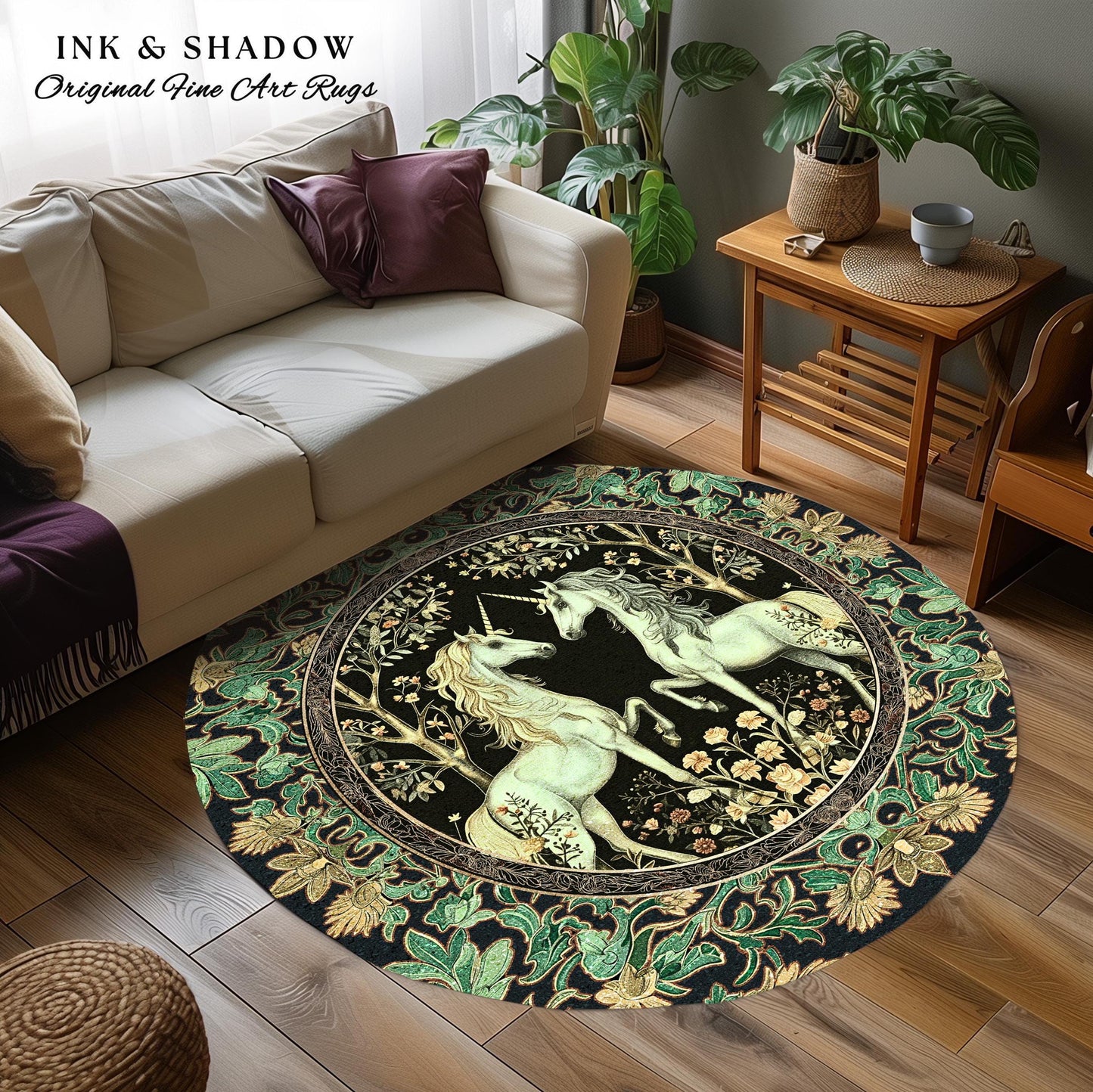 Victorian Gothic Unicorn Round Rug Ornate Baroque Fantasy Decor | Enchanted Art Nouveau Cottagecore Fairytale Whimsigoth Maximalist Accent