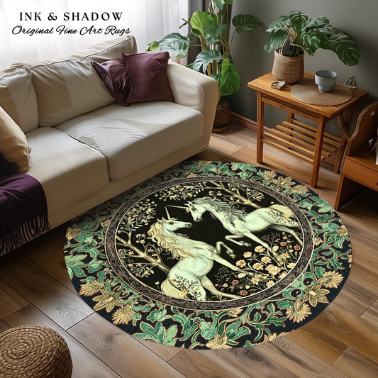 Victorian Gothic Unicorn Round Rug Ornate Baroque Fantasy Decor | Enchanted Art Nouveau Cottagecore Fairytale Whimsigoth Maximalist Accent