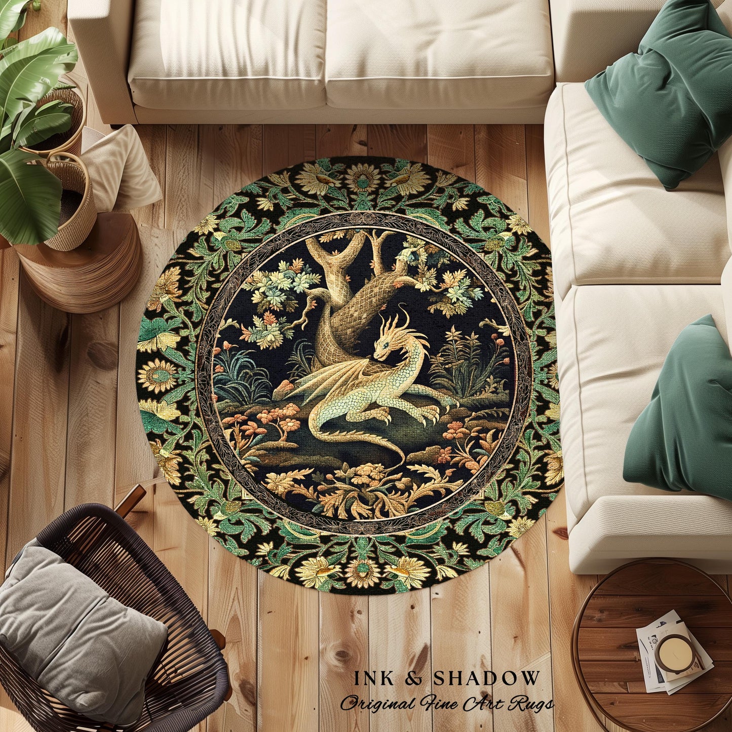 Ethereal Dragon Art Round Area Rug Enchanted Aesthetic Fantasy Forest Whimsical Woodland Gothic Decor | Fairytale Whimsy Art Deco Dragon |