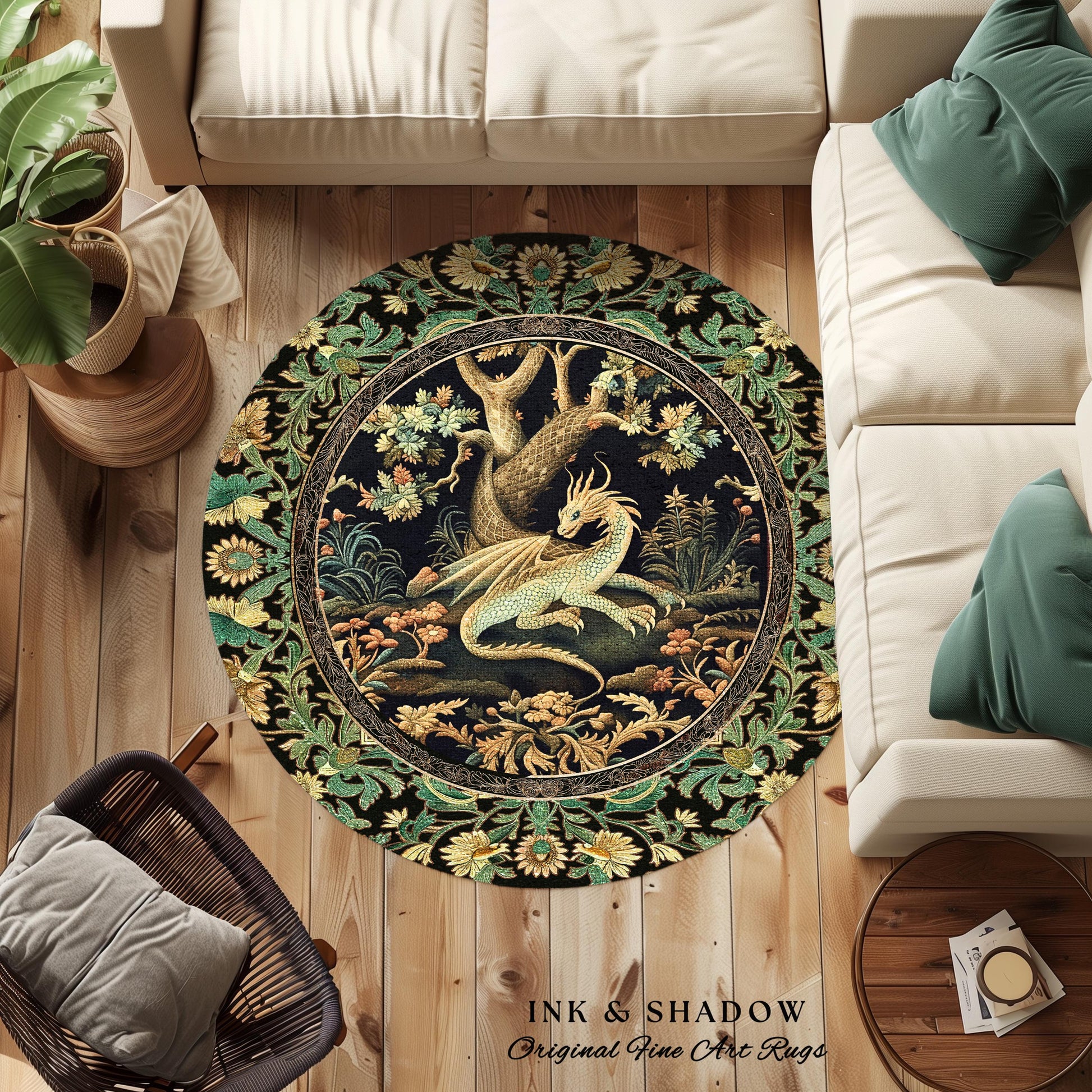 Ethereal Dragon Art Round Area Rug Enchanted Aesthetic Fantasy Forest Whimsical Woodland Gothic Decor | Fairytale Whimsy Art Deco Dragon |