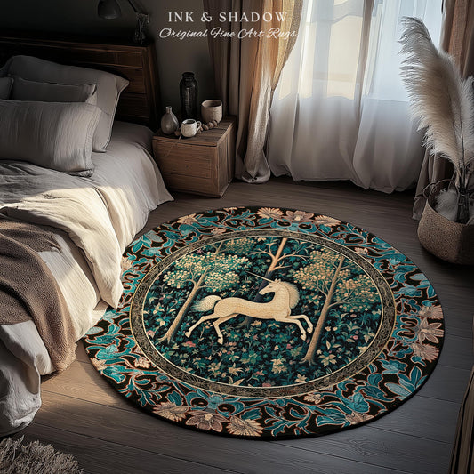 Moonlit Forest Mystical Unicorn Round Rug Medieval Fairycore Decor | Renaissance Whimsical Gothic Aesthetic Baroque Forestcore Home Accent