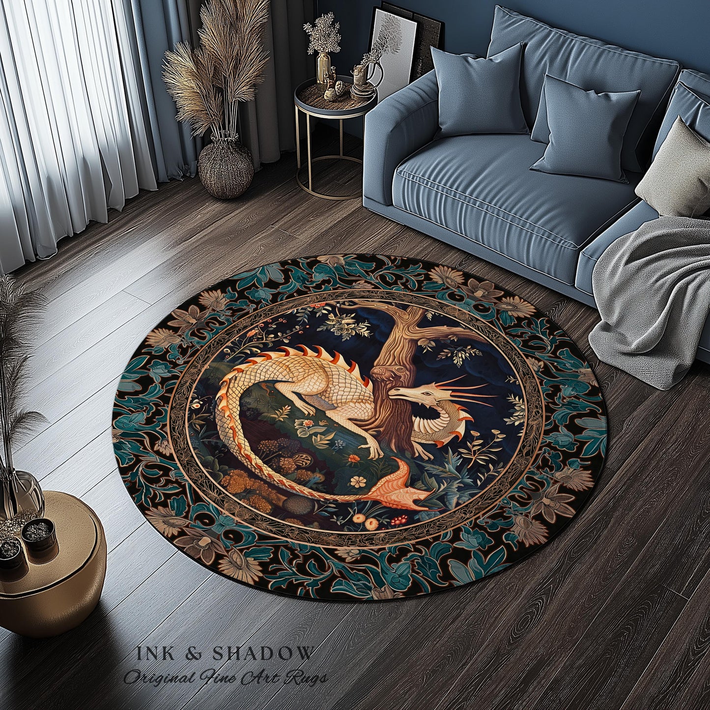 Baroque Victorian Gothic Woodland Dragon Round Rug Floral Folklore Aesthetic | Dark Botanical Goblincore Antique Cottagecore Mythical Decor