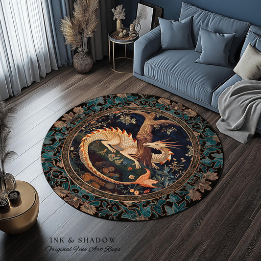 Baroque Victorian Gothic Woodland Dragon Round Rug Floral Folklore Aesthetic | Dark Botanical Goblincore Antique Cottagecore Mythical Decor