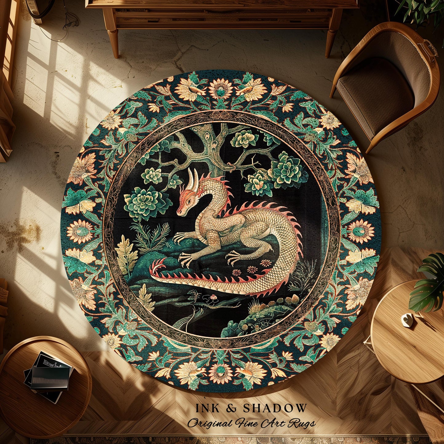 Woodland Dragon Round Area Rug Enchanted Forest Medieval Fantasy Charm Dark Forestcore Fairytale Cottagecore Renaissance Nature Home Accent