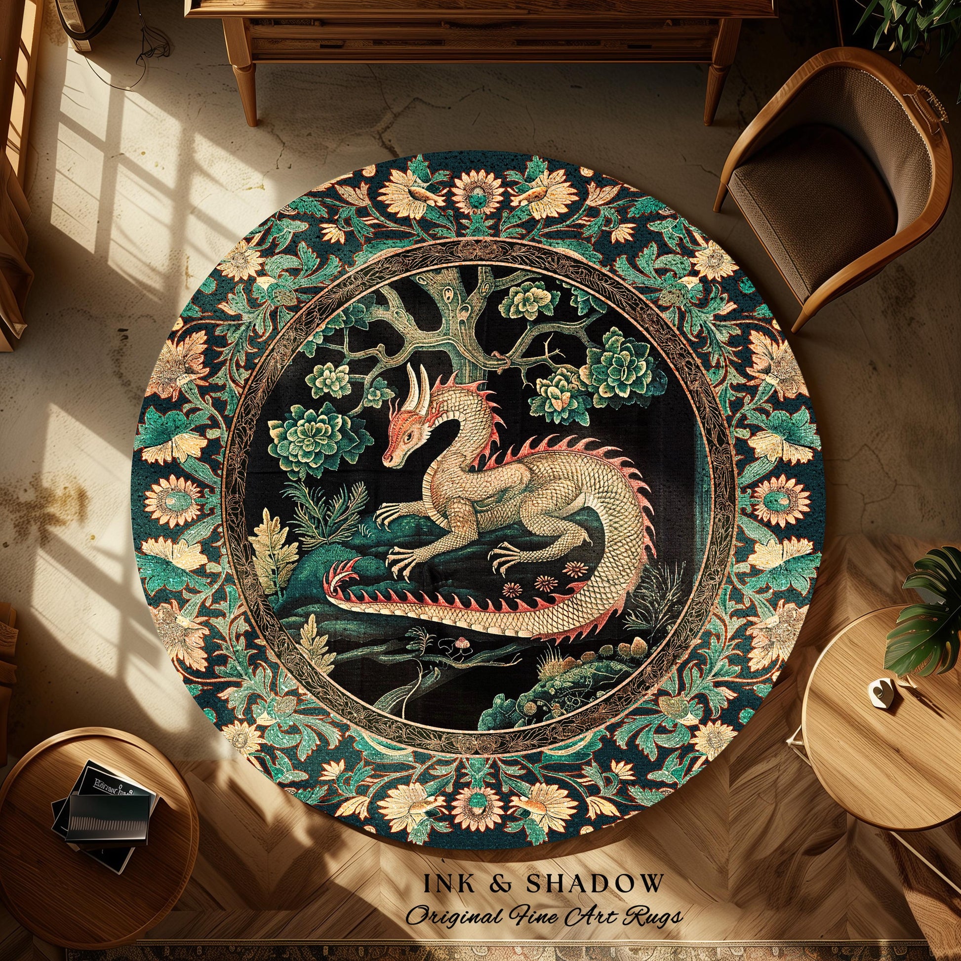 Woodland Dragon Round Area Rug Enchanted Forest Medieval Fantasy Charm Dark Forestcore Fairytale Cottagecore Renaissance Nature Home Accent