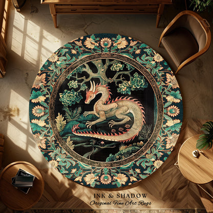 Woodland Dragon Round Area Rug Enchanted Forest Medieval Fantasy Charm Dark Forestcore Fairytale Cottagecore Renaissance Nature Home Accent