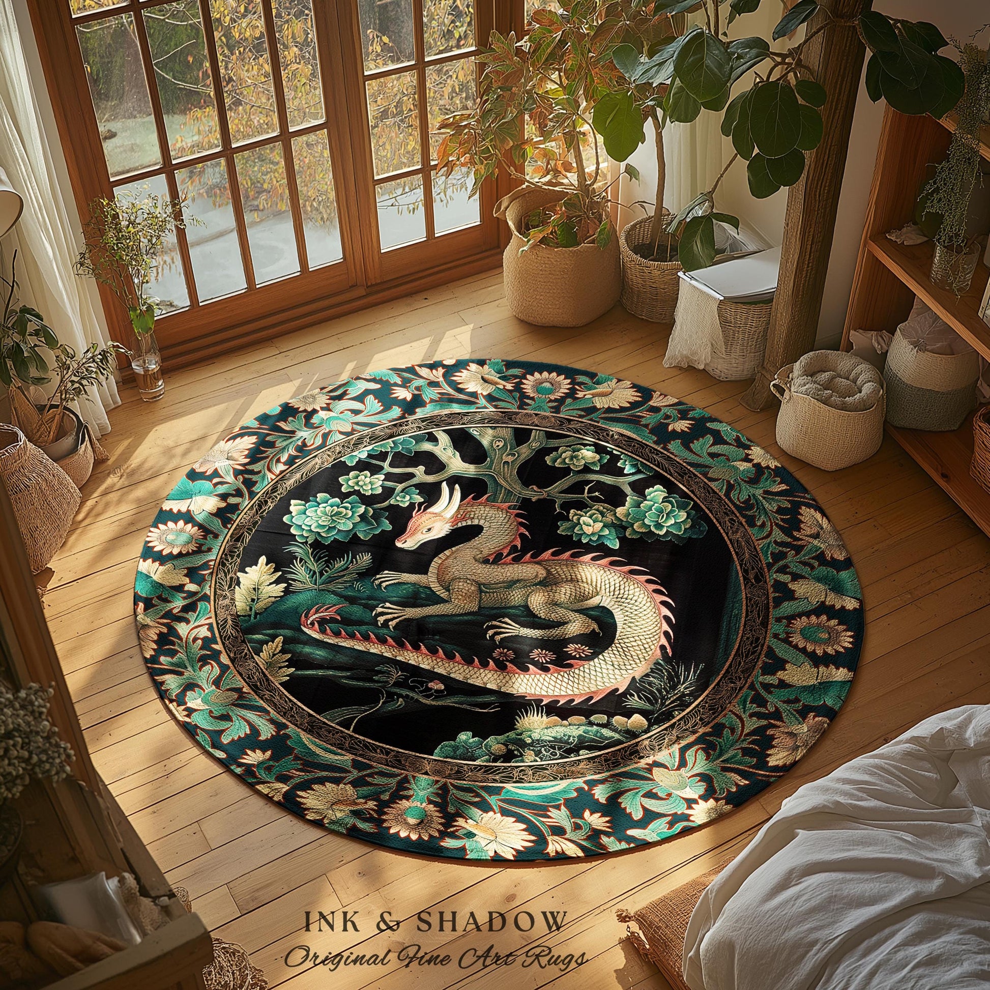 Woodland Dragon Round Area Rug Enchanted Forest Medieval Fantasy Charm Dark Forestcore Fairytale Cottagecore Renaissance Nature Home Accent
