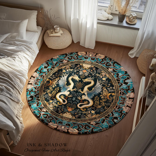 Art Deco Dragon Round Area Rug Antique Mystical Baroque Style Decor | Abstract Dragon Art Whimsical Aesthetic Home Dark Academia Teal Accent