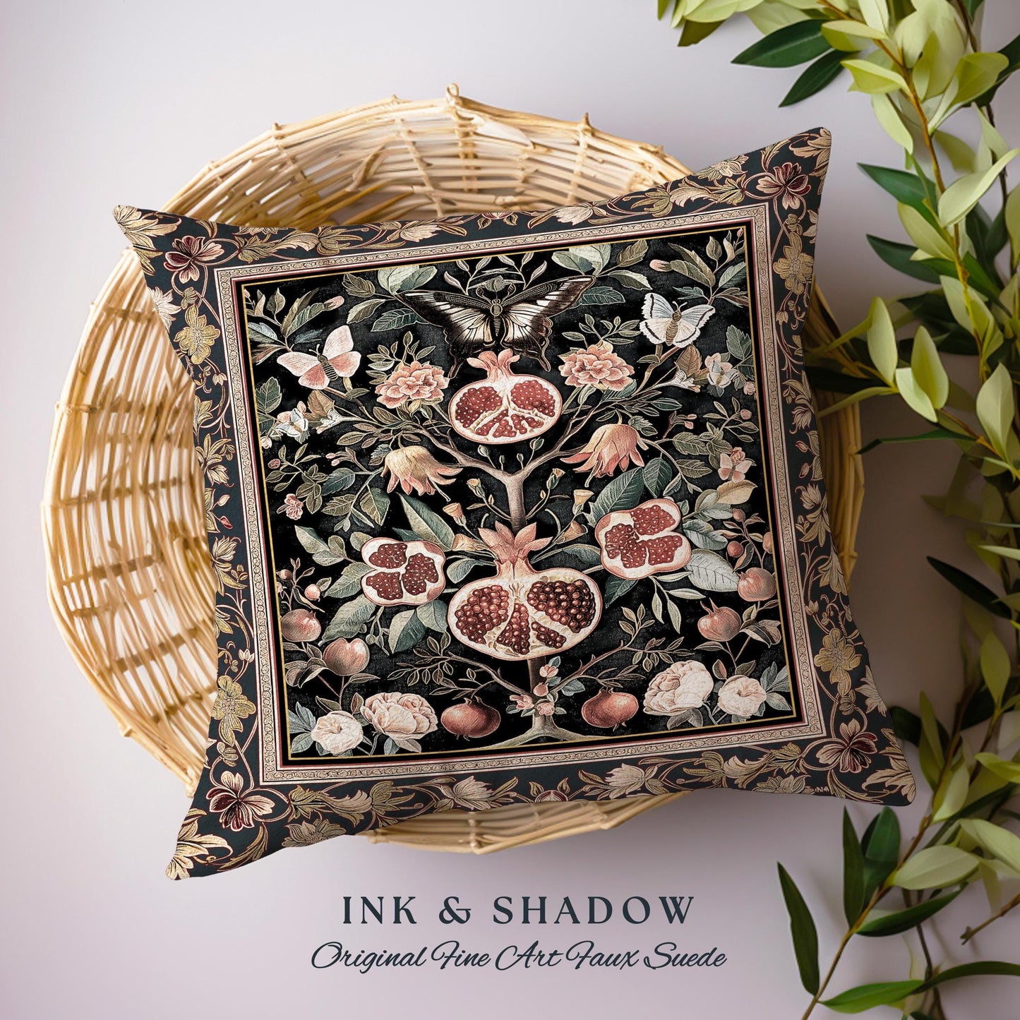 Victorian Gothic Floral Pomegranate Pillow Botanical Vintage Aesthetic| Enchanted Forest Butterfly Moth Woodland Wildflower Tapestry Cushion