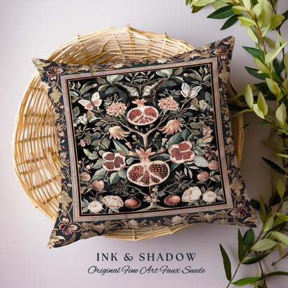 Victorian Gothic Floral Pomegranate Pillow Botanical Vintage Aesthetic| Enchanted Forest Butterfly Moth Woodland Wildflower Tapestry Cushion