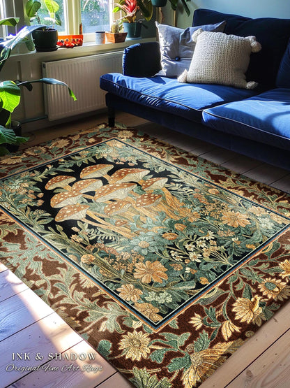 Witchy Mushroom Herbology Rug | Ethereal Fungi Forest Toadstool Decor Whimsical Accent Rug Cottagecore Earth Tone Fairycore Aesthetic Boho