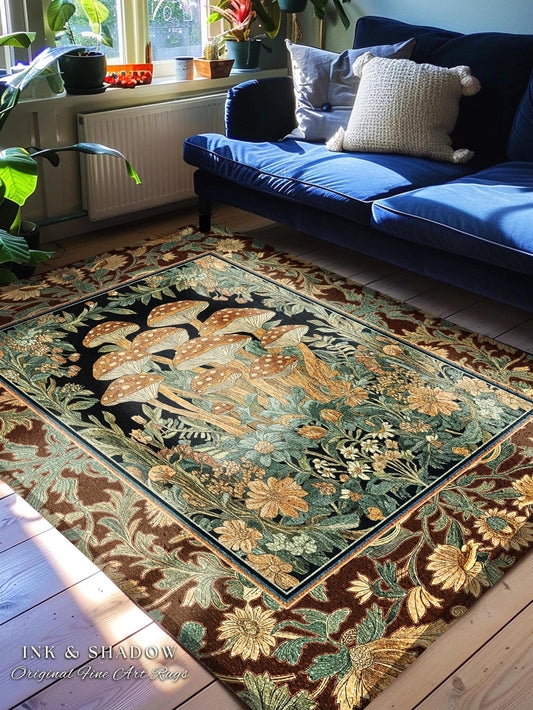Witchy Mushroom Herbology Rug | Ethereal Fungi Forest Toadstool Decor Whimsical Accent Rug Cottagecore Earth Tone Fairycore Aesthetic Boho