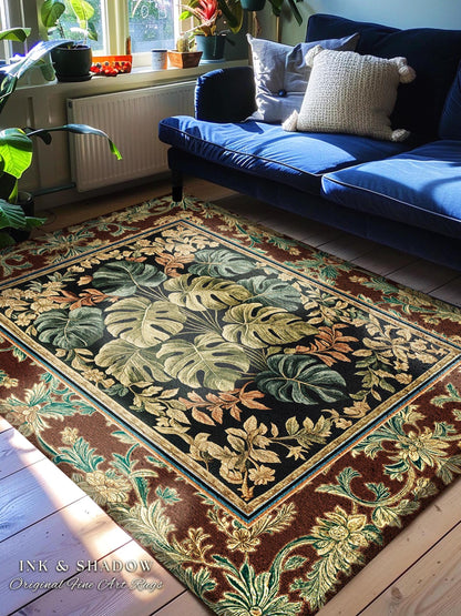 Elegant Tropical Forest Floor Rug | Woodland Whimsy Botanical Accent Rug Emerald Green Romantic Home Decor Tropical Eclectic Aesthetic |