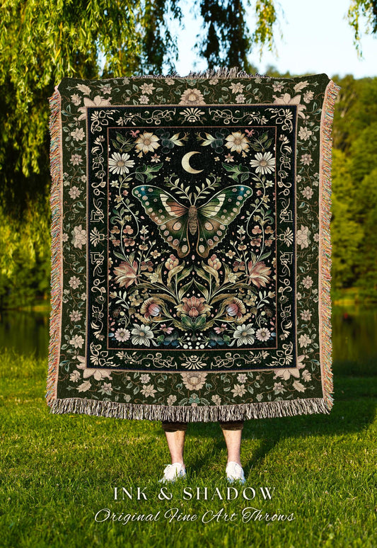 Woodland Gothic Botanical Moth Blanket Witchy Dark Academia Aesthetic Room Decor | Whimsical Green Cottagecore Butterfly Moth Tapestry Throw