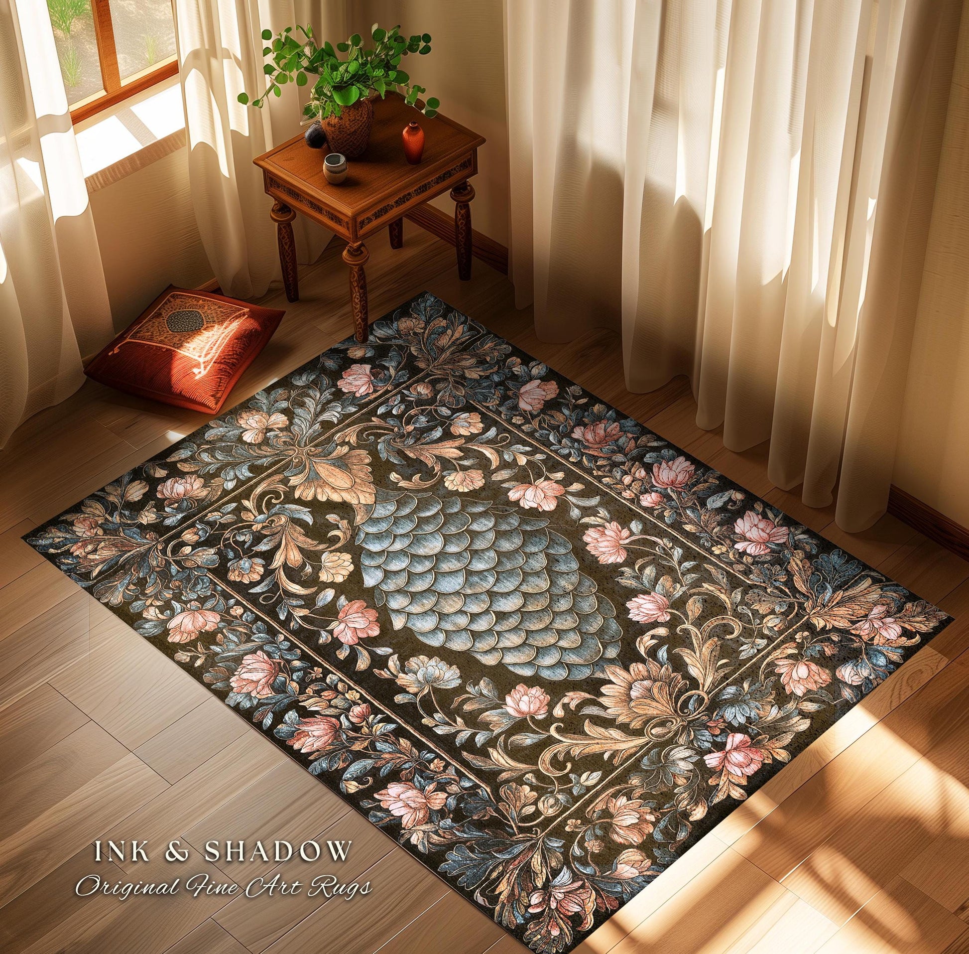 Book Nook Elegant Dragon Scale Rug | Whimsical Ornate Victorian Pastel Home Accent Rug Dark Academia Moody Botanical Coquette Aesthetic |