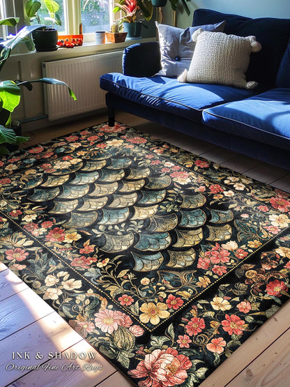 Floral Fantasy Fairytale Cozy Area Rug | Ethereal Flowers Medieval Aesthetic Decorative Fairycore Bedroom Princess Home Accent Rug Dragon |