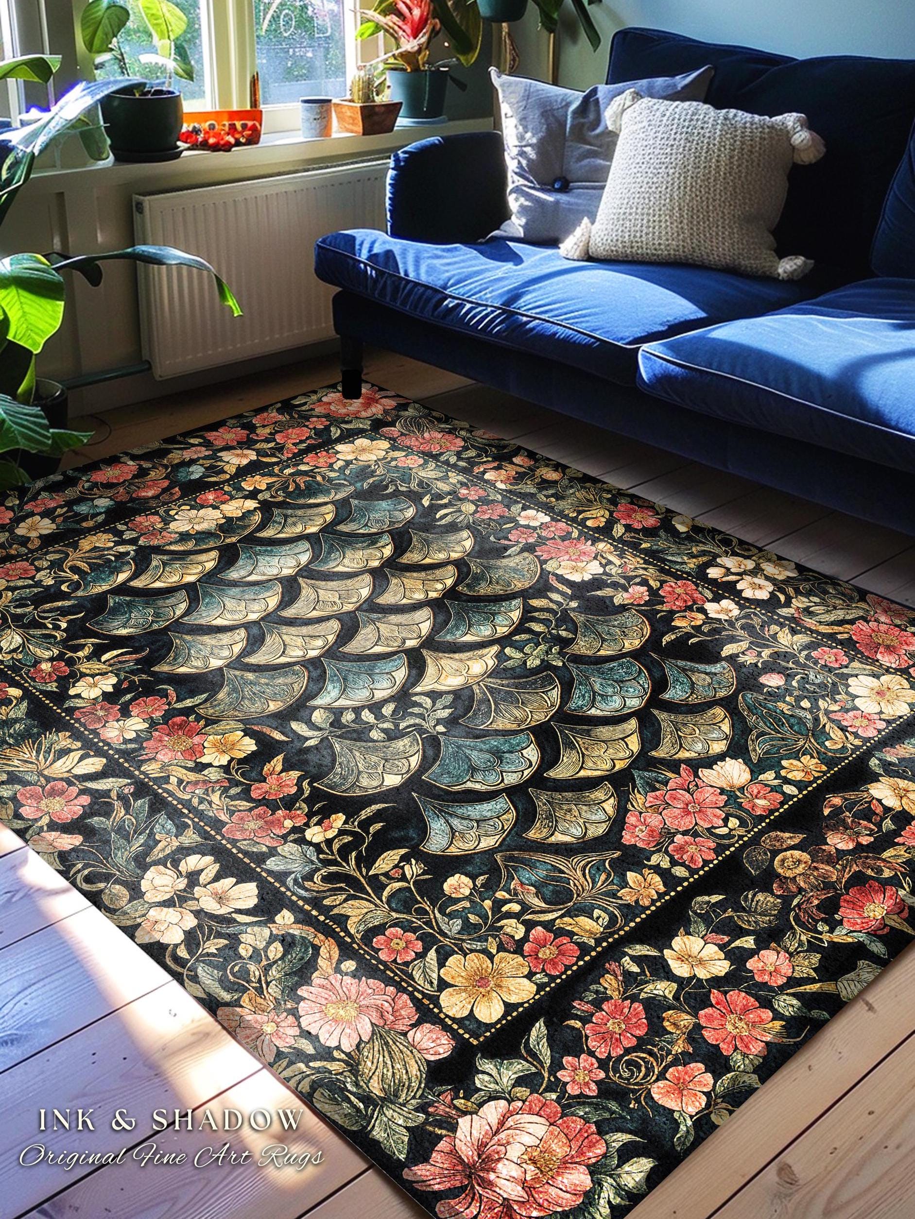 Floral Fantasy Fairytale Whimsical Dragon Scale Accent Rug | Ethereal Botanical Medieval Academia Art Decorative Floor Mat Fairycore Decor