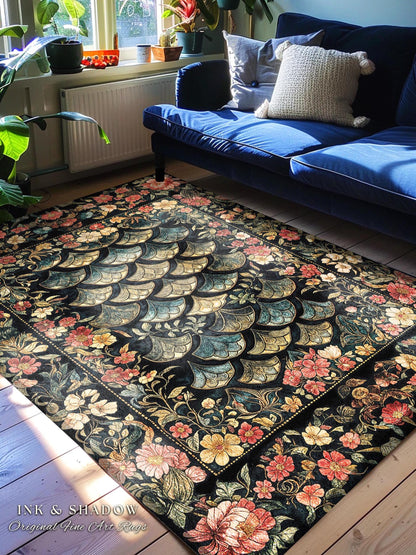 Floral Fantasy Fairytale Whimsical Dragon Scale Accent Rug | Ethereal Botanical Medieval Academia Art Decorative Floor Mat Fairycore Decor