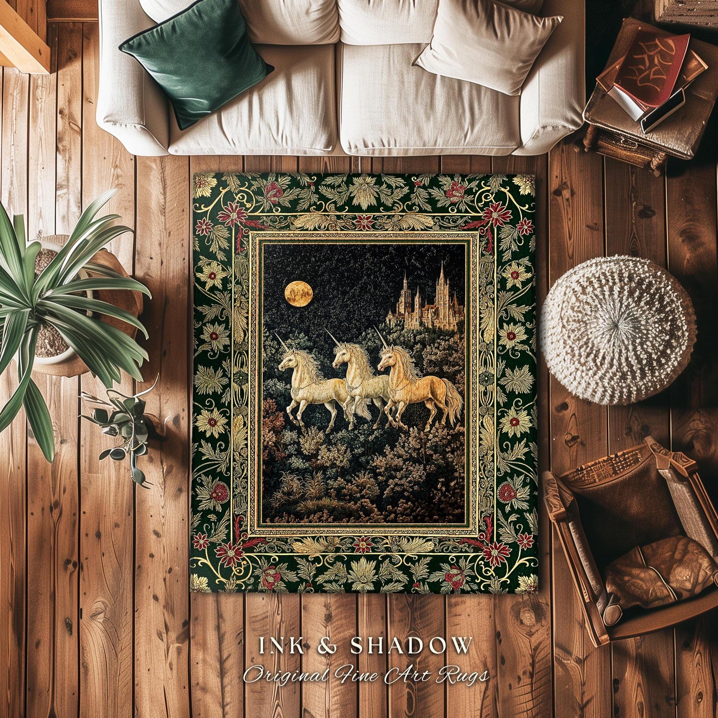 Fairytale Theme Moonlit Ethereal Rug | Unicorn Royalcore Accent Rug Castle Aesthetic Dreamy Bedroom Baroque Home Accent Gothic Art Area Rug