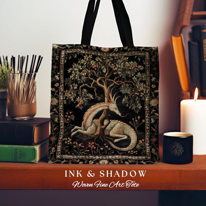 Folklore Dragon Tote Mystical Medieval Style Cottagecore Accessory, Botanical Fairytale Forest Gothic Woodland Fairycore Woven Tapestry Bag