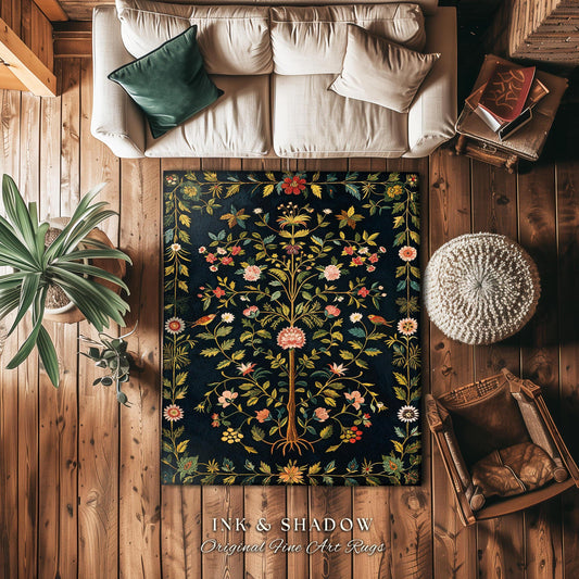 Boho Scandinavian Floral Area Rug | Wildflower Aesthetic Danish Pastel Home Decor Rustic Housewarming Gift Dark Academia Bedroom Folklore |