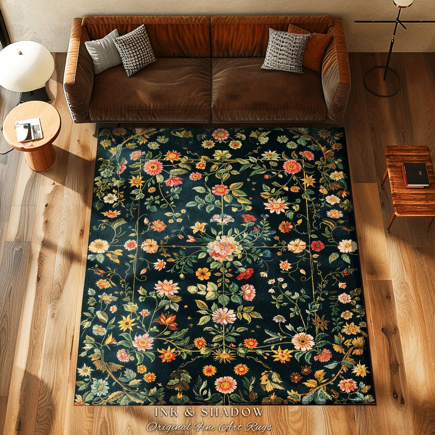 Vintage Dark Academia Wildflower Rug | Floral Aesthetic Ornate Gothic Home Decor Whimsical Rustic Housewarming Gift Ethereal Dark Academia