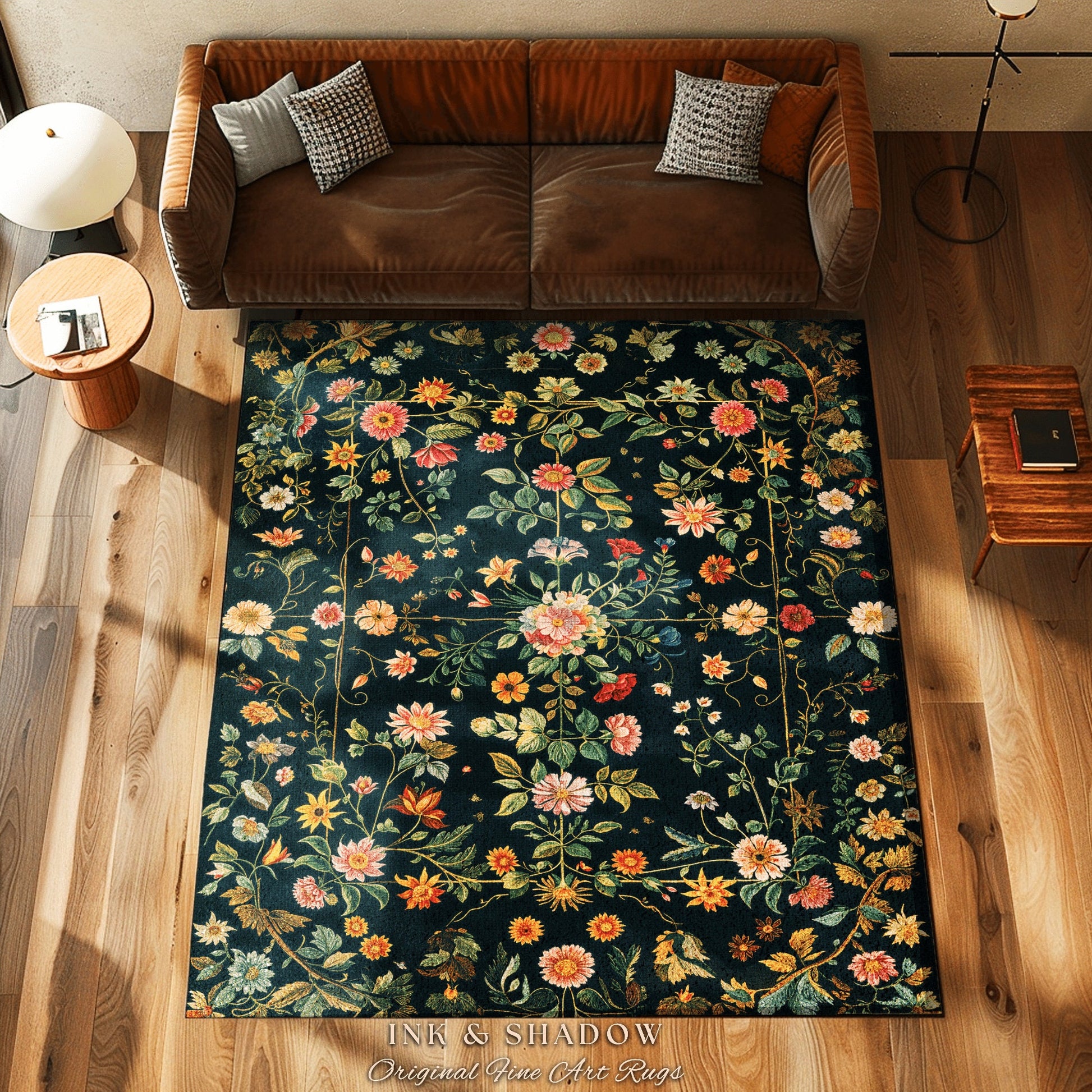 Vintage Dark Academia Wildflower Rug | Floral Aesthetic Ornate Gothic Home Decor Whimsical Rustic Housewarming Gift Ethereal Dark Academia
