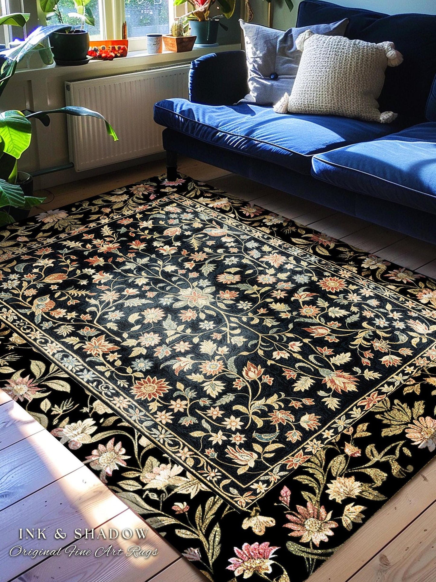 Ornate Gothic Area Rug | Dark Wildflower Aesthetic Living Room Gothic Home Decor Rustic Housewarming Gift Dark Academia Bedroom Folklore Art