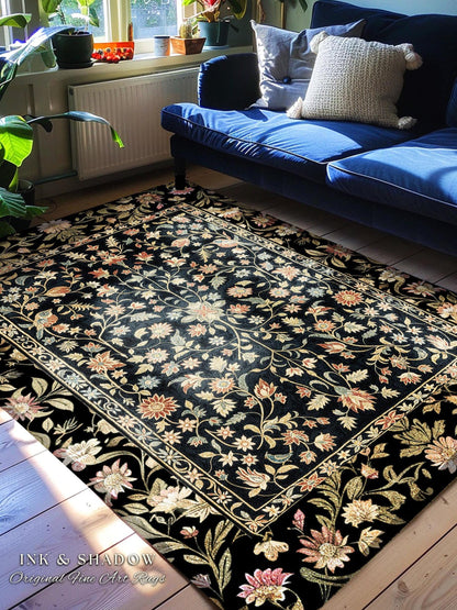 Ornate Gothic Area Rug | Dark Wildflower Aesthetic Living Room Gothic Home Decor Rustic Housewarming Gift Dark Academia Bedroom Folklore Art