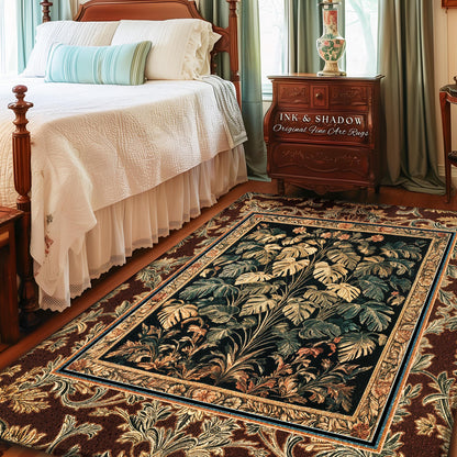 Rustic Renaissance Aesthetic Monstera Jungle Rug | Dark Cottagecore Whimsy Woodland Home Accent Rug Emerald Green Romantic Maximalist Decor