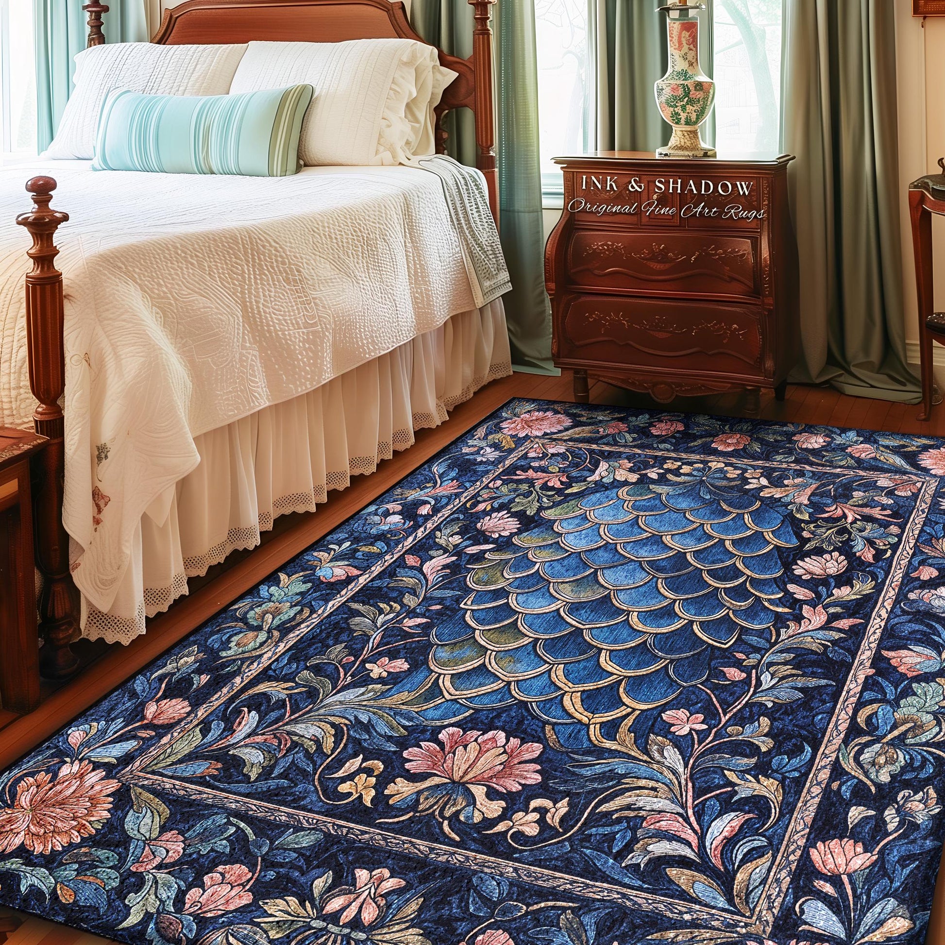 Mystic Academia Dragon Scale Area Rug | Whimsigothic Elegance Ornate Baroque Navy Blue Aesthetic Fairytale Floral Home Decor Accent Rug Goth