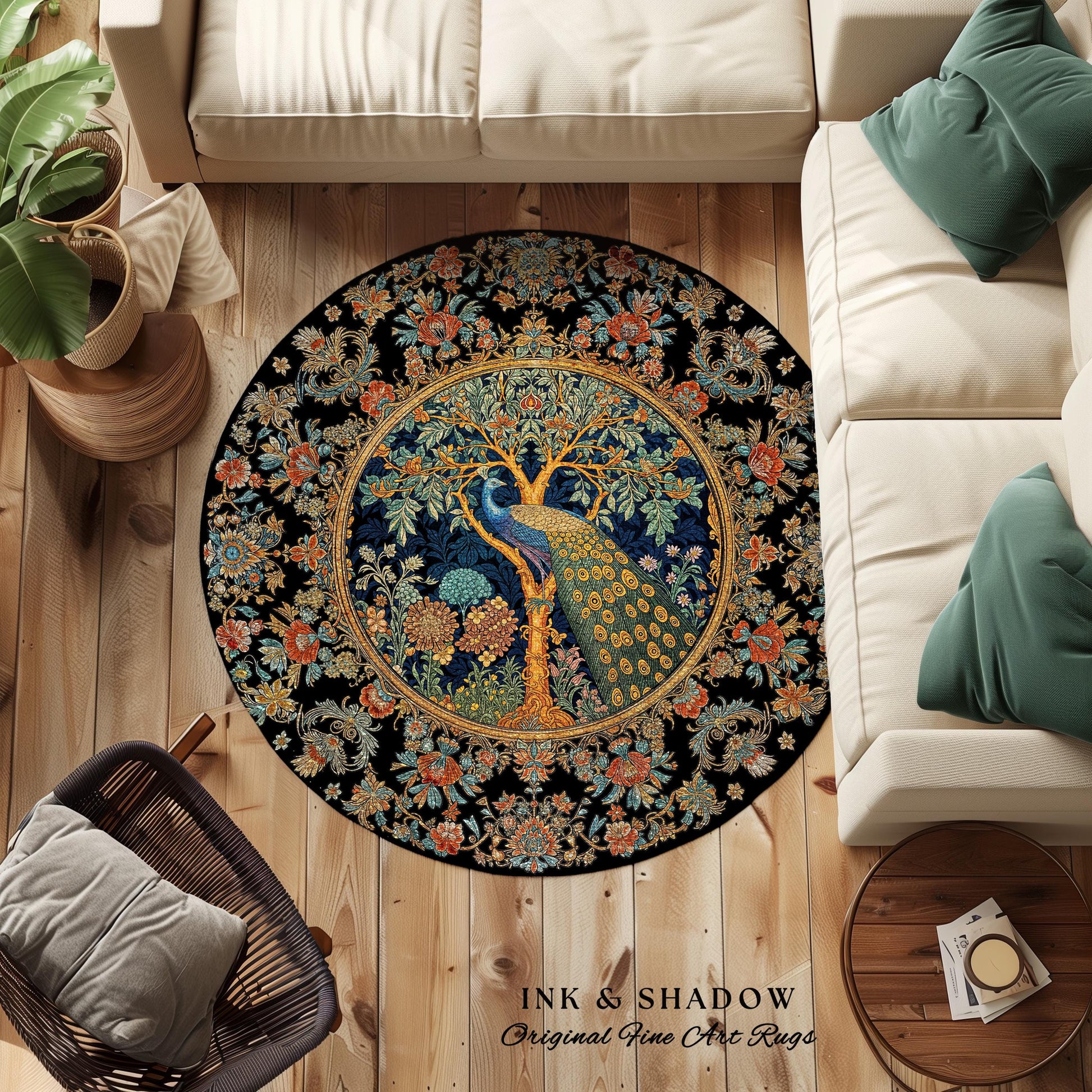 Cottagecore Peacock Accent Rug | Royalcore Floral Room Decor William Morris Inspired Cottagecore Aesthetic Fairycore Bedroom Ethereal